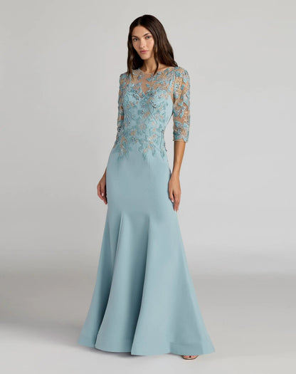 Mac Duggal Blue Embroidered Crepe Mermaid Gown With 3/4 Sleeves