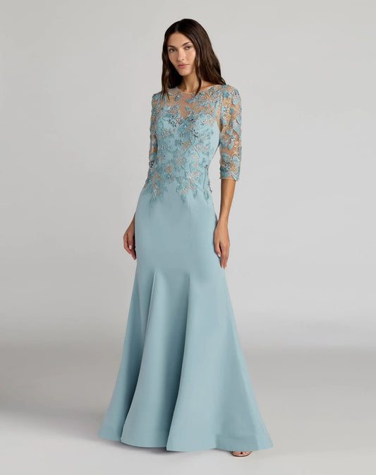 Mac Duggal Blue Embroidered Crepe Mermaid Gown With 3/4 Sleeves