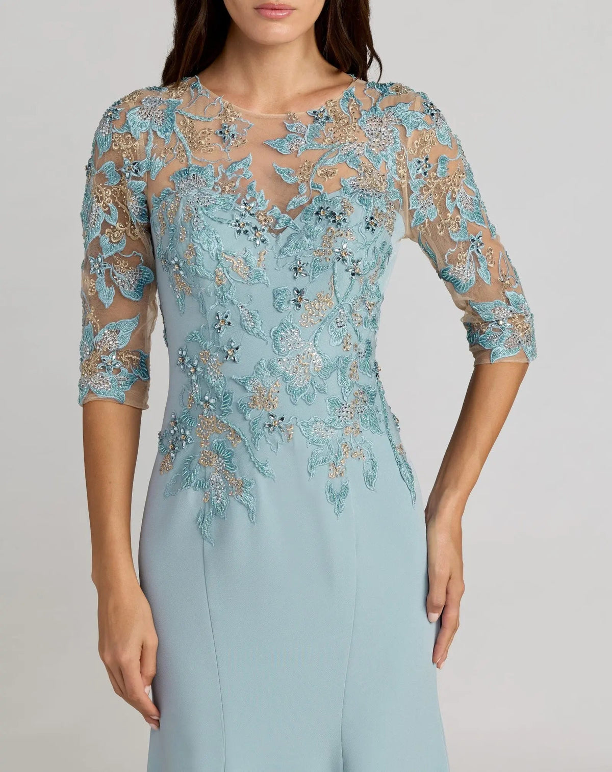 Mac Duggal Blue Embroidered Crepe Mermaid Gown With 3/4 Sleeves
