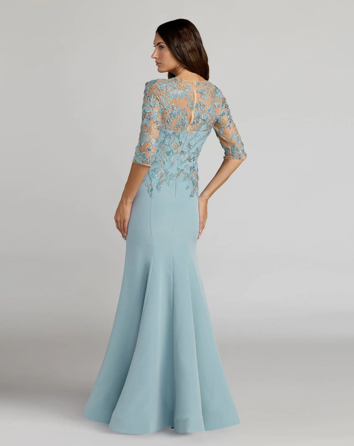 Mac Duggal Blue Embroidered Crepe Mermaid Gown With 3/4 Sleeves