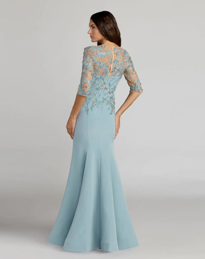 Mac Duggal Blue Embroidered Crepe Mermaid Gown With 3/4 Sleeves