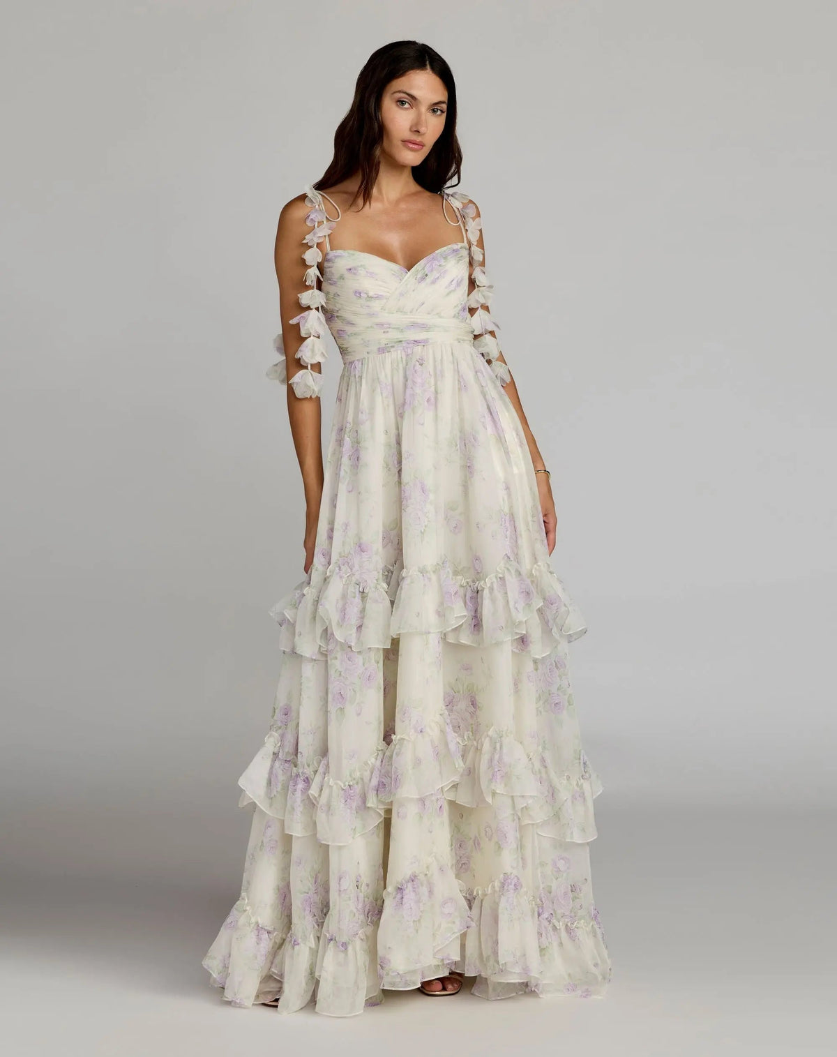Mac Duggal White Floral Chiffon Ruffle Gown With 3D Flower Straps