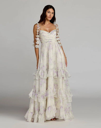 Mac Duggal White Floral Chiffon Ruffle Gown With 3D Flower Straps