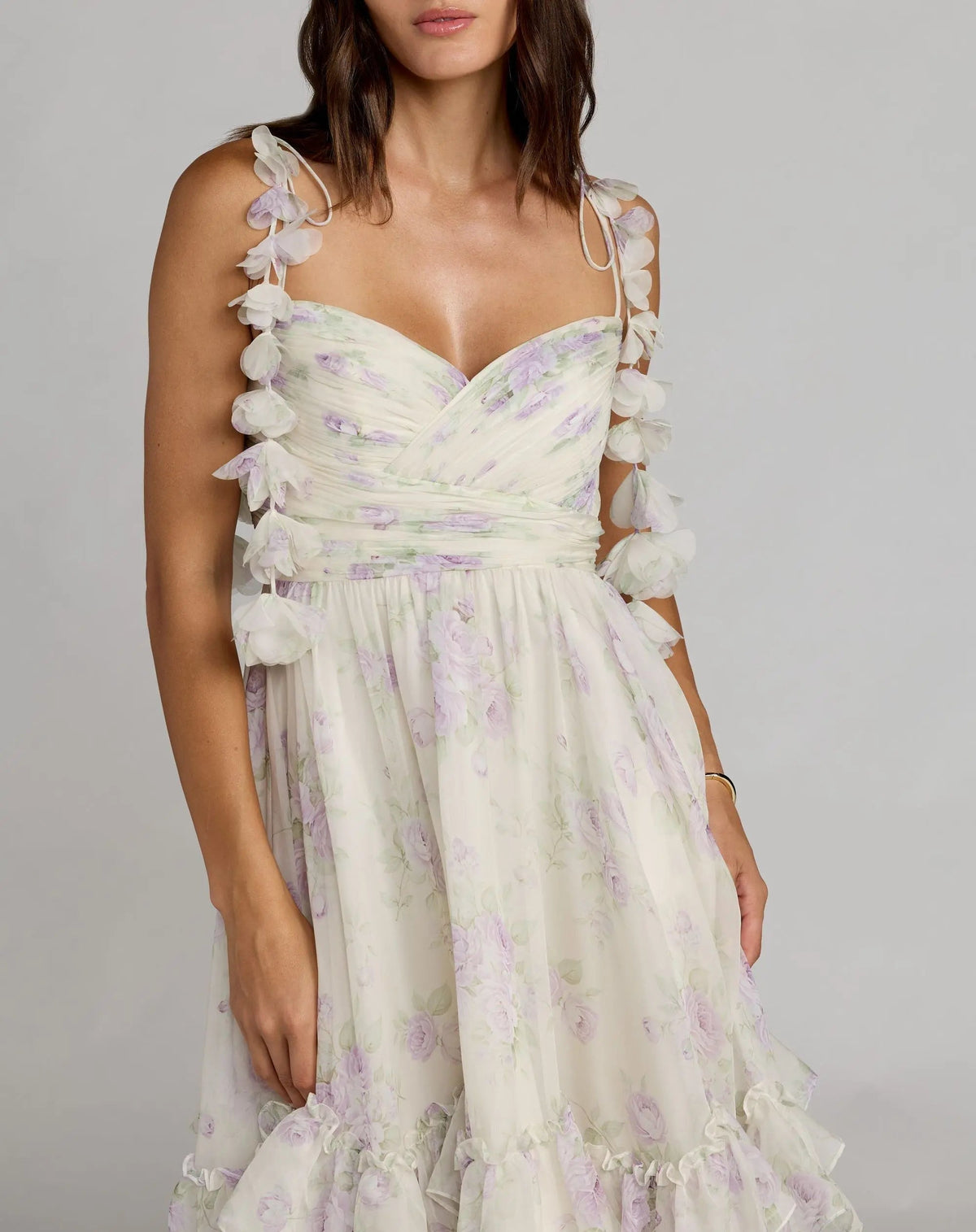 Mac Duggal White Floral Chiffon Ruffle Gown With 3D Flower Straps