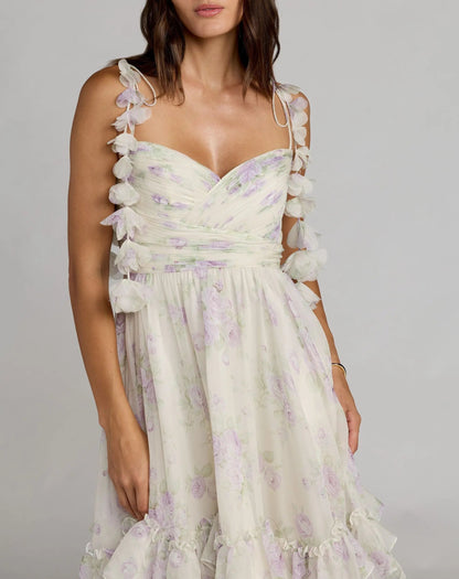 Mac Duggal White Floral Chiffon Ruffle Gown With 3D Flower Straps