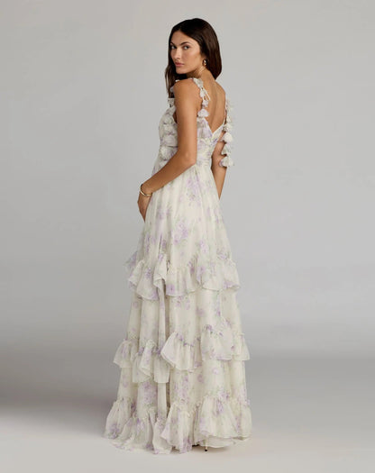 Mac Duggal White Floral Chiffon Ruffle Gown With 3D Flower Straps
