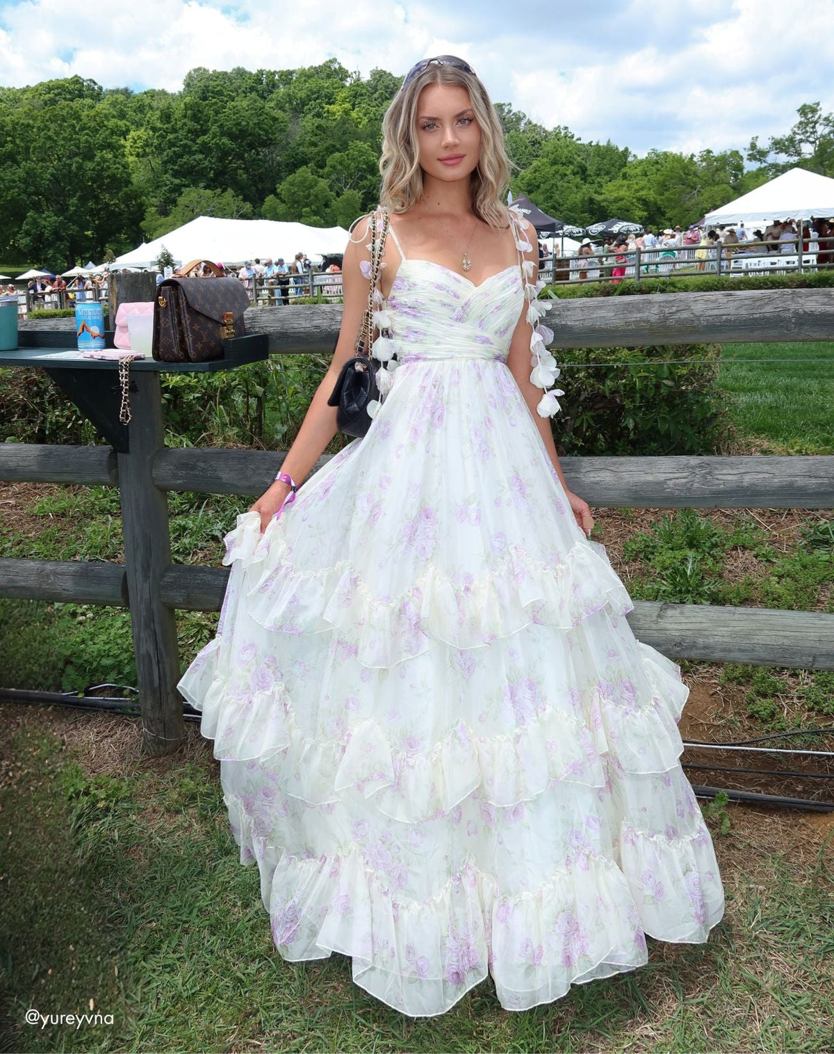 Mac Duggal White Floral Chiffon Ruffle Gown With 3D Flower Straps