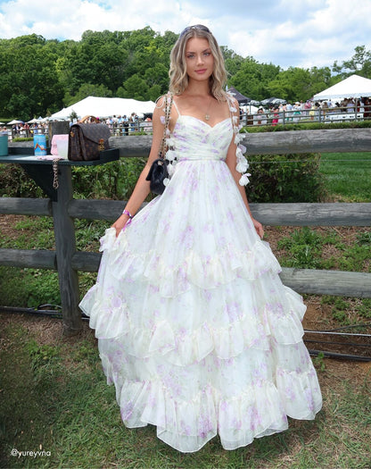 Mac Duggal White Floral Chiffon Ruffle Gown With 3D Flower Straps