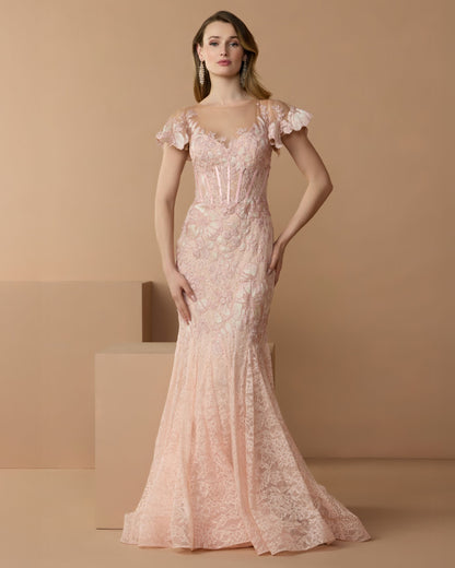 Mac Duggal Pink Embroidered Lace Flutter Sleeve Trumpet Gown