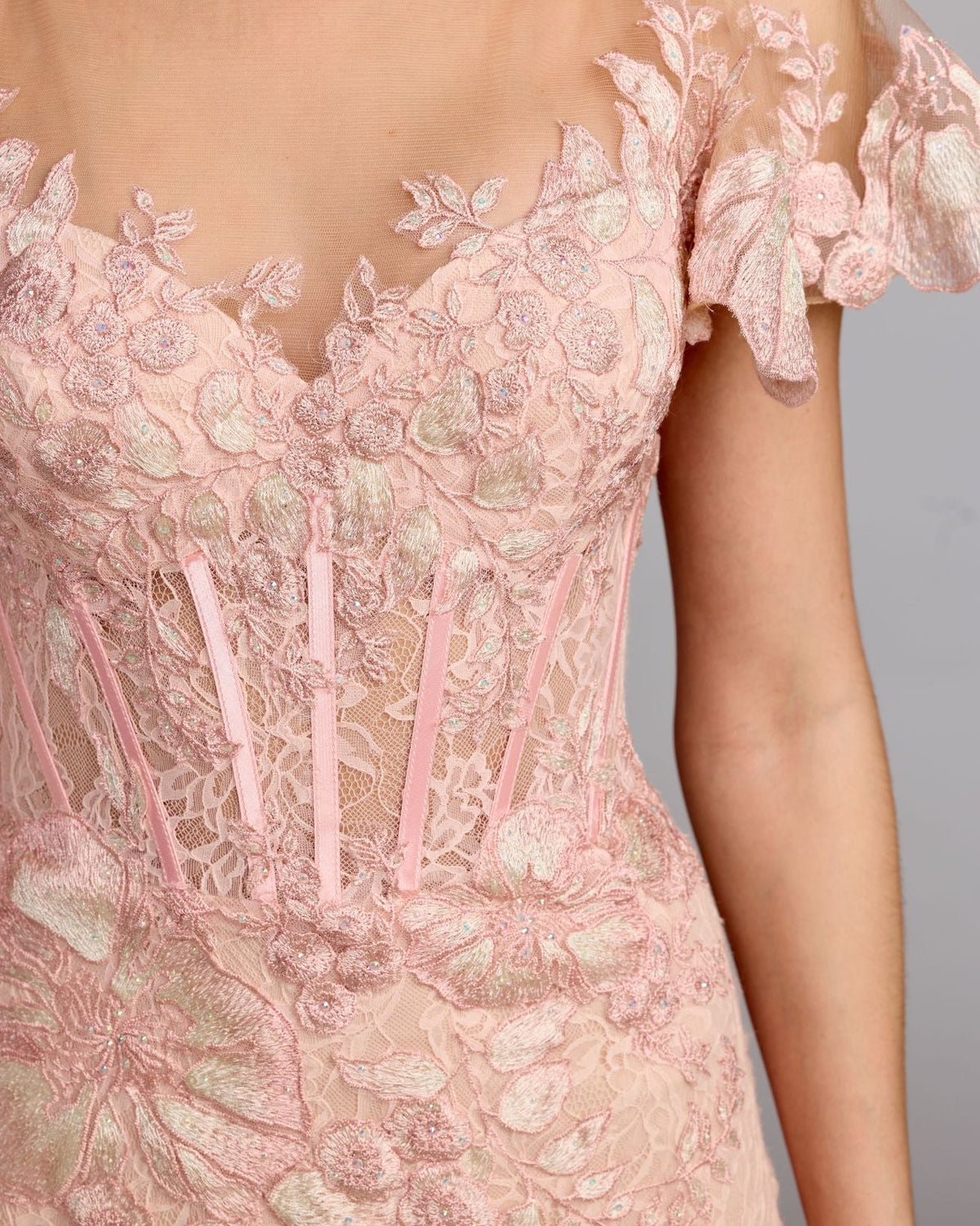 Mac Duggal Pink Embroidered Lace Flutter Sleeve Trumpet Gown