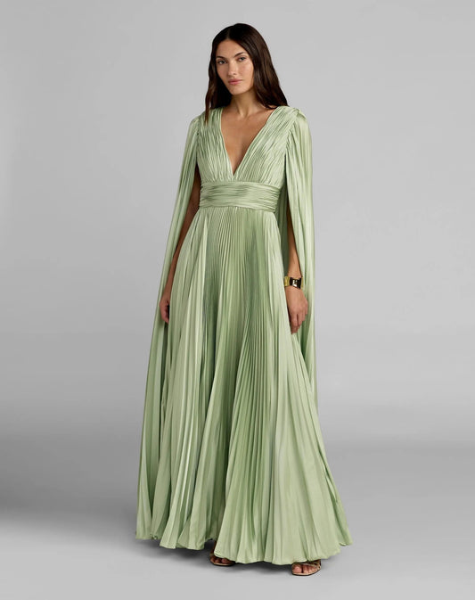 Mac Duggal Sage Green Pleated Charmeuse V Neck Gown With Cape
