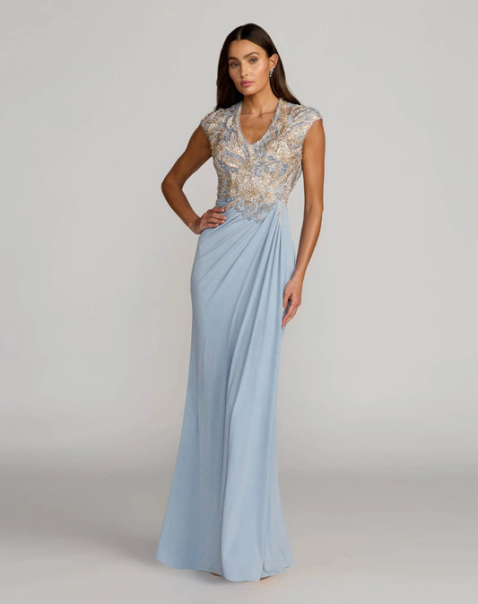 Mac Duggal Blue Embroidered V Neck Jersey Draped Gown