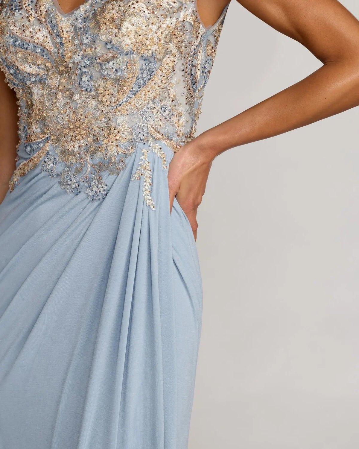 Mac Duggal Blue Embroidered V Neck Jersey Draped Gown
