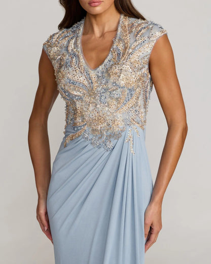 Mac Duggal Blue Embroidered V Neck Jersey Draped Gown