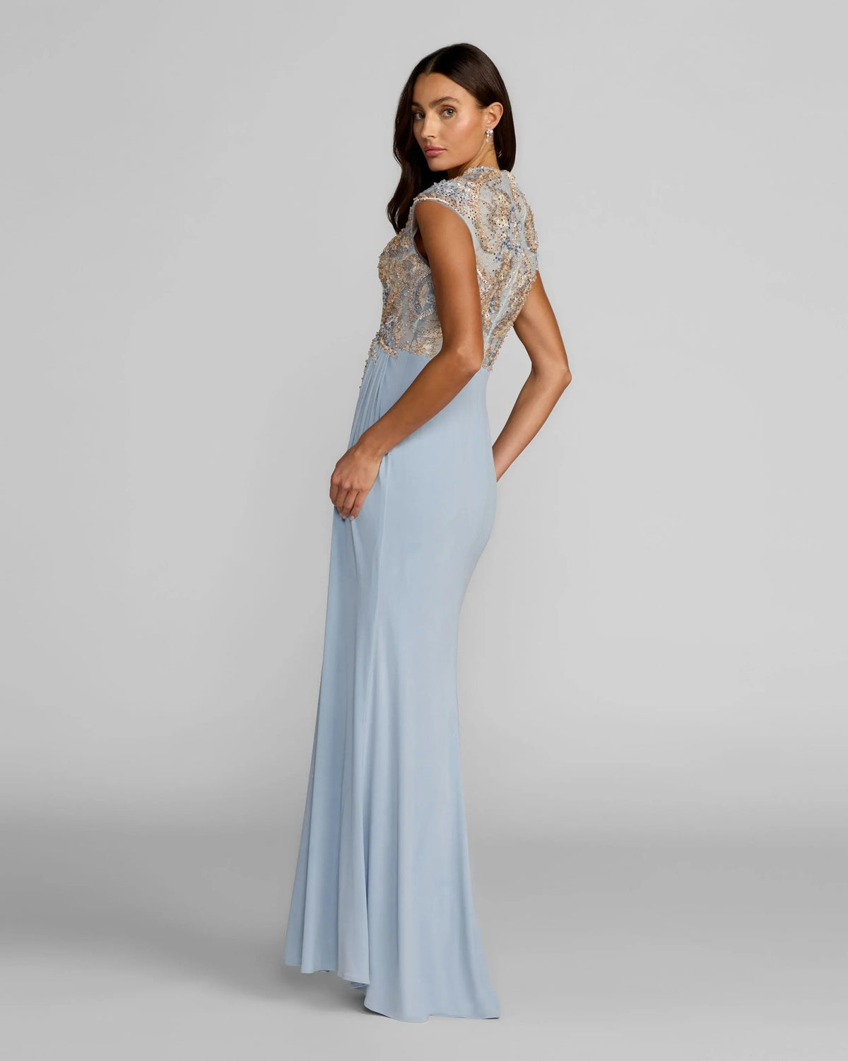 Mac Duggal Blue Embroidered V Neck Jersey Draped Gown