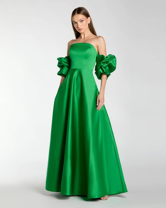 Mac Duggal Green Satin Off The Shoulder Puff Sleeve Ball Gown