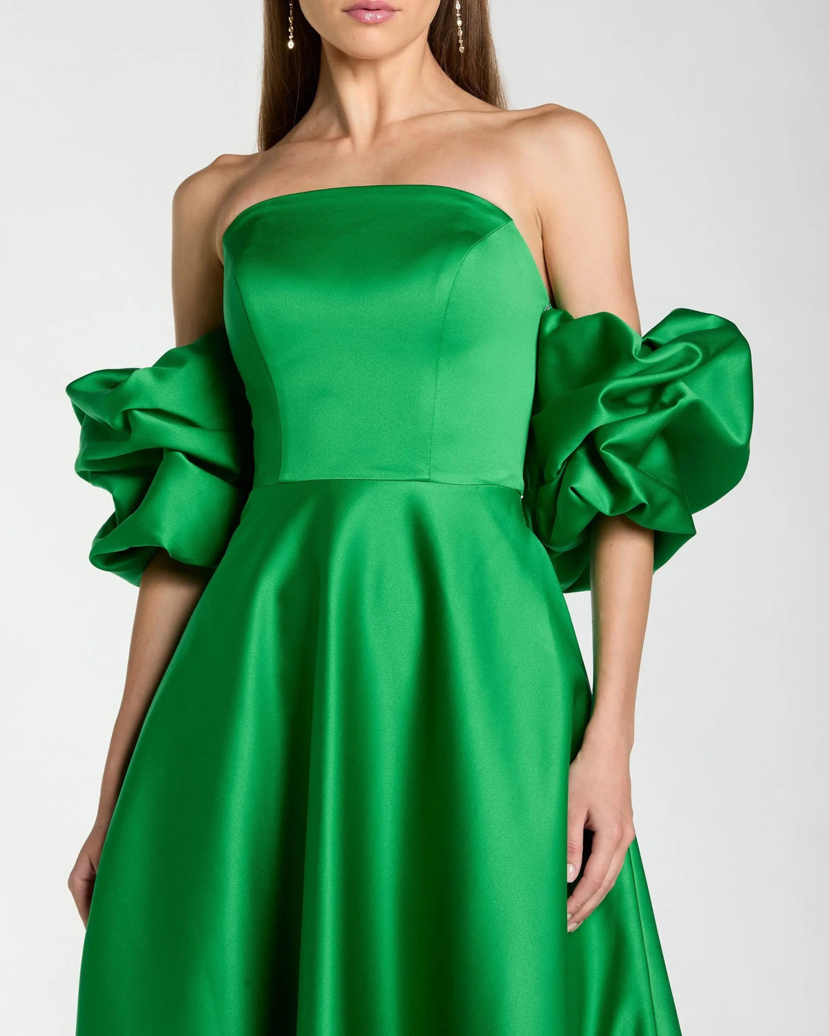 Mac Duggal Green Satin Off The Shoulder Puff Sleeve Ball Gown