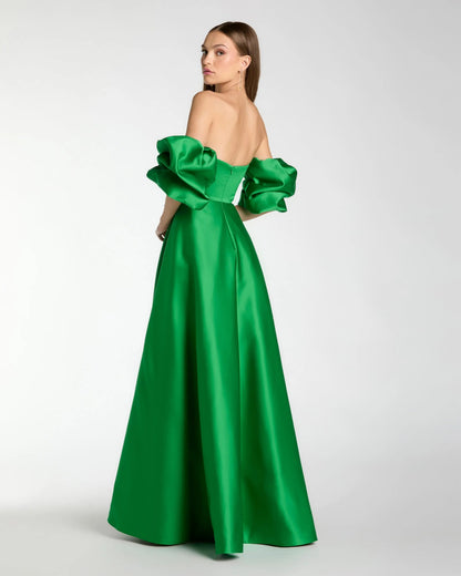 Mac Duggal Green Satin Off The Shoulder Puff Sleeve Ball Gown
