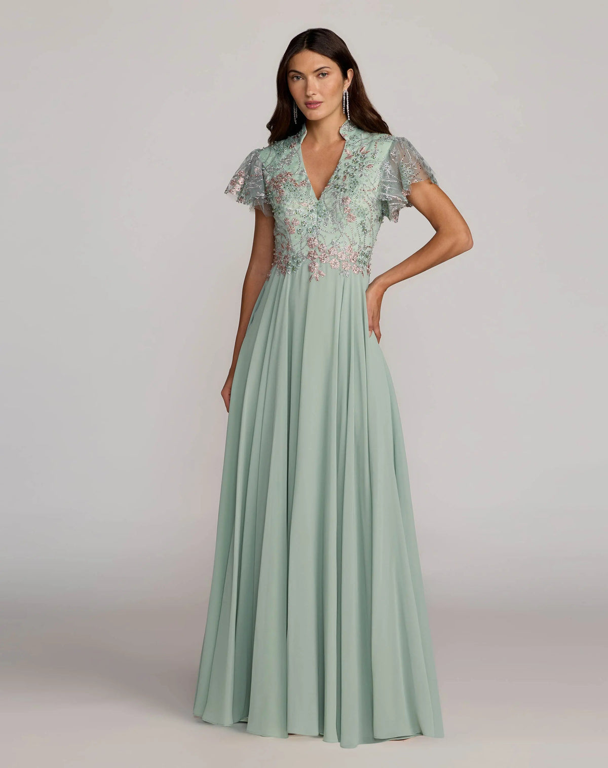 Mac Duggal Green Embroidered Flutter Sleeve V Neck Gown