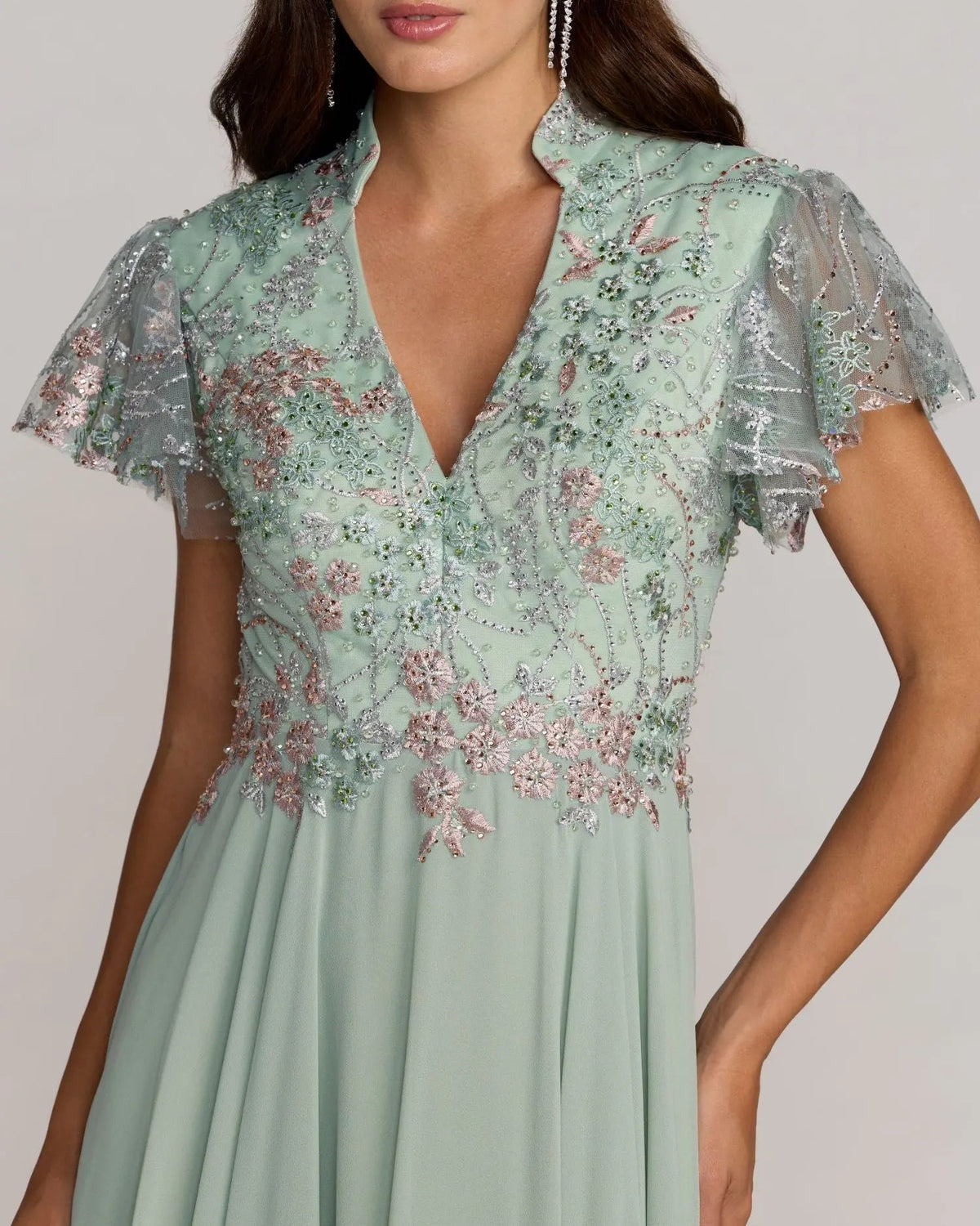 Mac Duggal Green Embroidered Flutter Sleeve V Neck Gown