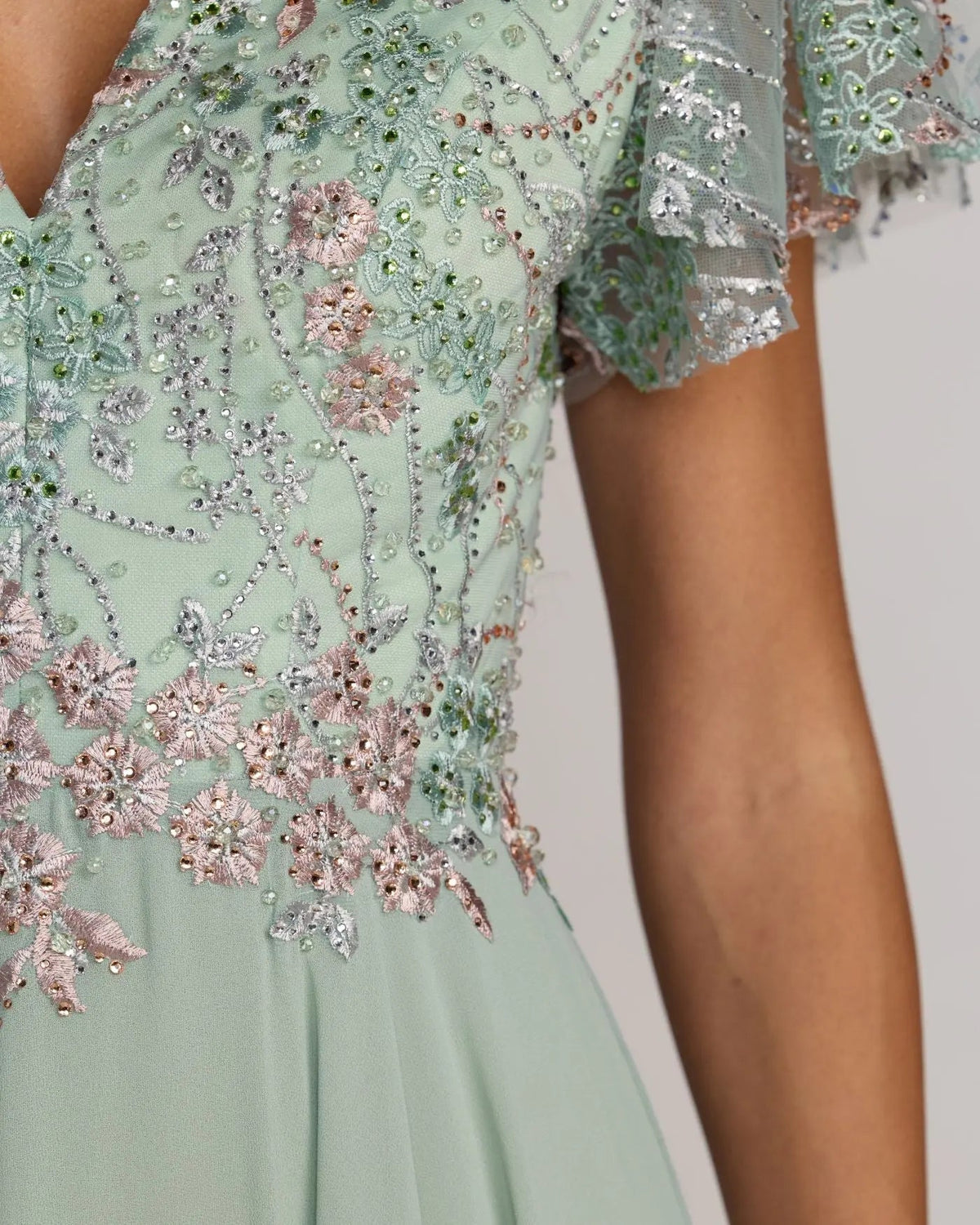 Mac Duggal Green Embroidered Flutter Sleeve V Neck Gown