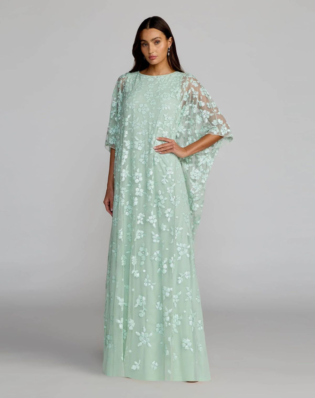 Mac Duggal Green Sequin Embellished High Neck Kaftan Gown