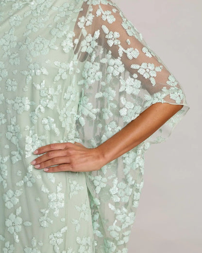 Mac Duggal Green Sequin Embellished High Neck Kaftan Gown