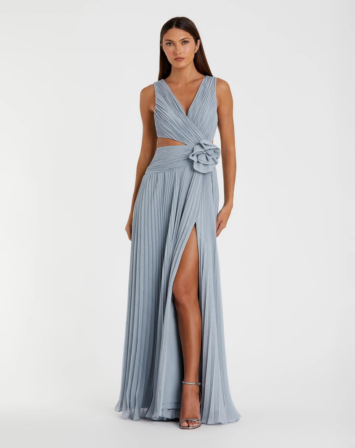 Mac Duggal Blue Ruched Chiffon Sleeveless Gown With 3D Flower
