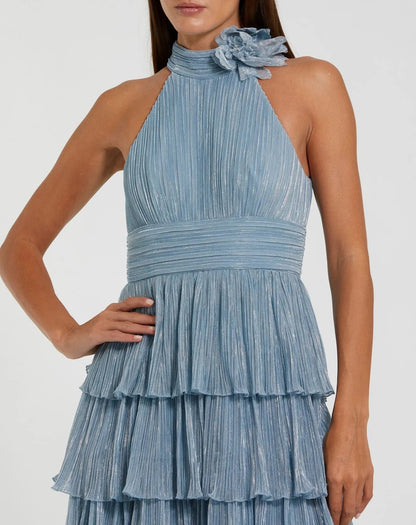 Mac Duggal Blue Metallic Halter Neck Ruffle Gown With 3D Flower