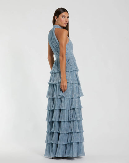 Mac Duggal Blue Metallic Halter Neck Ruffle Gown With 3D Flower