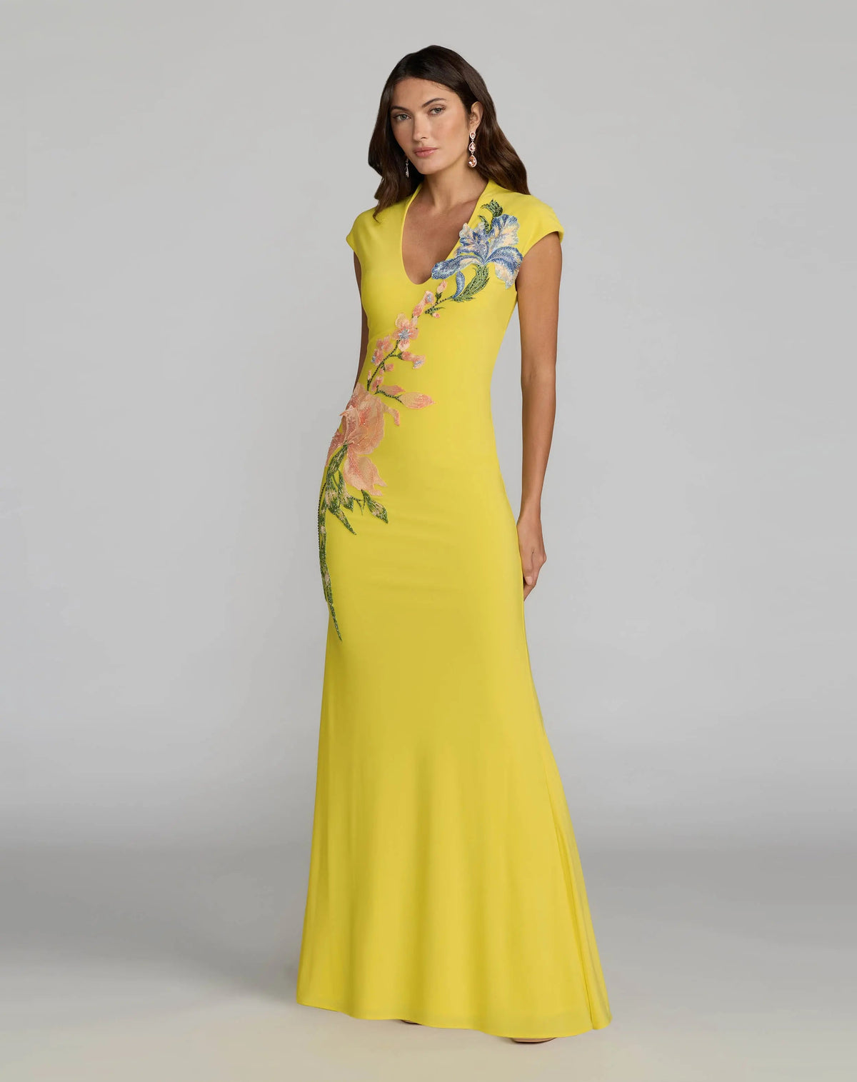 Mac Duggal Cap Sleeve Scoop Neck Jersey Floral Detail Gown Duggal