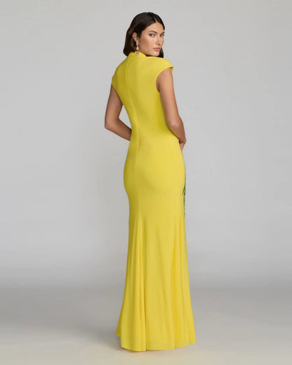 Mac Duggal Cap Sleeve Scoop Neck Jersey Floral Detail Gown Duggal