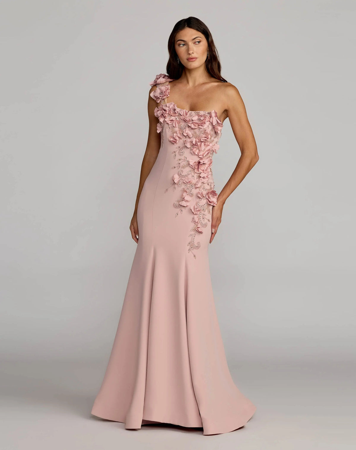 Mac Duggal Pink One Shoulder Floral Embellished Mermaid Gown