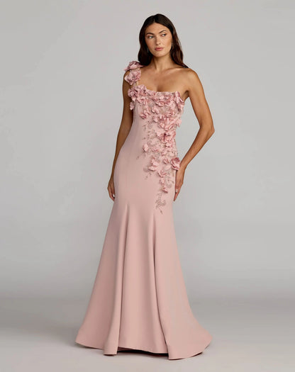 Mac Duggal Pink One Shoulder Floral Embellished Mermaid Gown