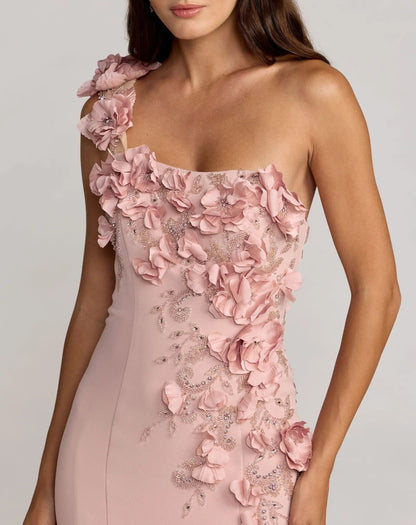 Mac Duggal Pink One Shoulder Floral Embellished Mermaid Gown