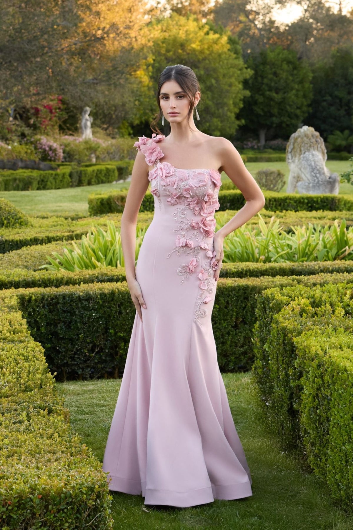 Mac Duggal Pink One Shoulder Floral Embellished Mermaid Gown