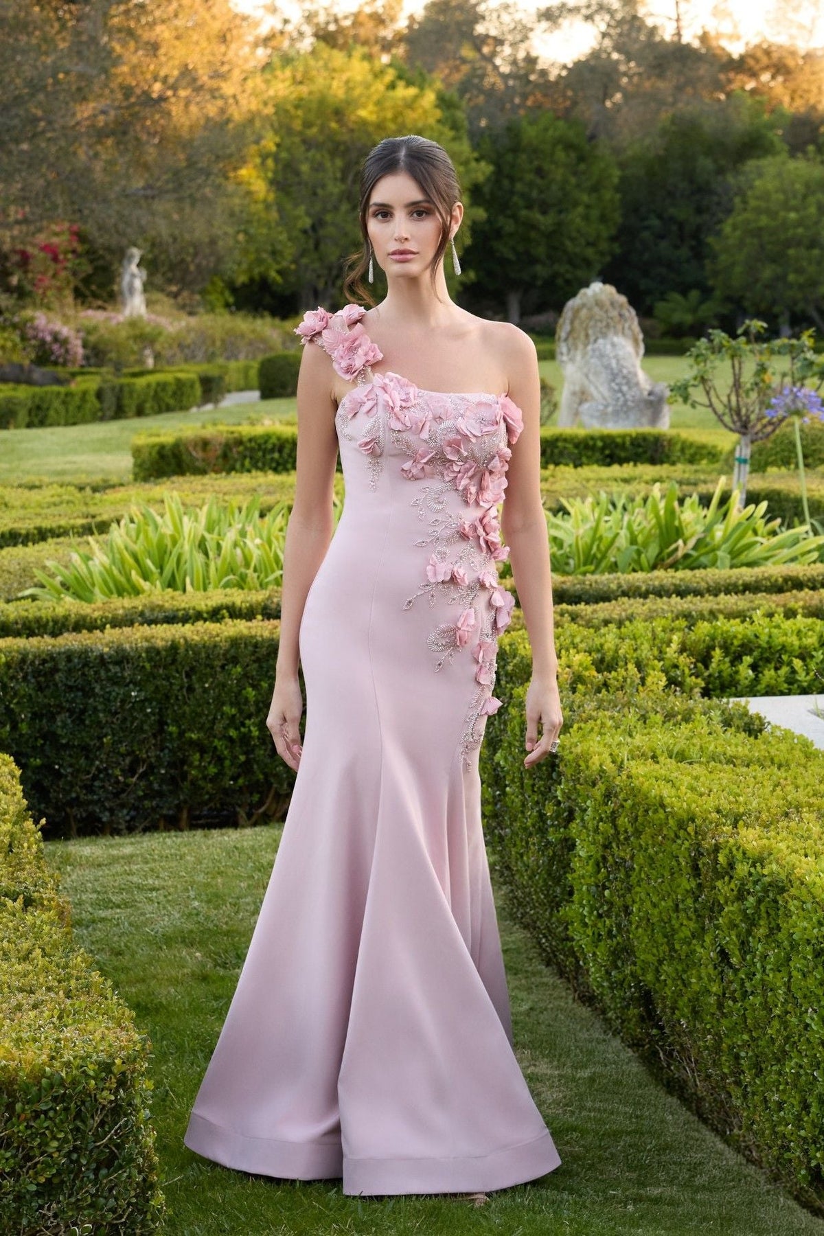 Mac Duggal Pink One Shoulder Floral Embellished Mermaid Gown