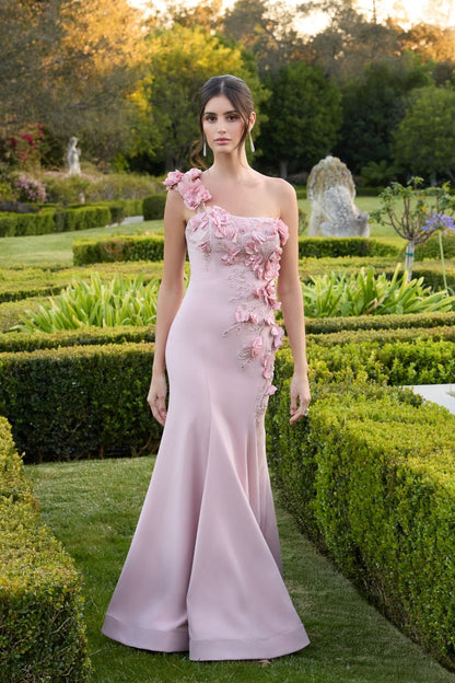 Mac Duggal Pink One Shoulder Floral Embellished Mermaid Gown