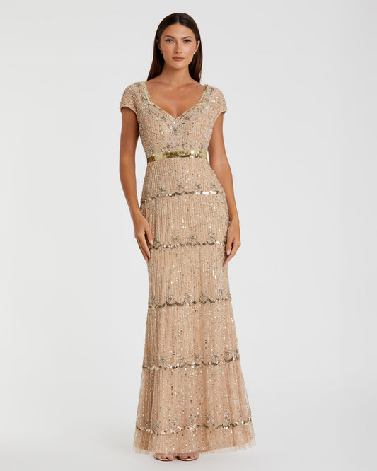 Mac Duggal Petite Gold Sequin Cap Sleeve Sweetheart Column Gown