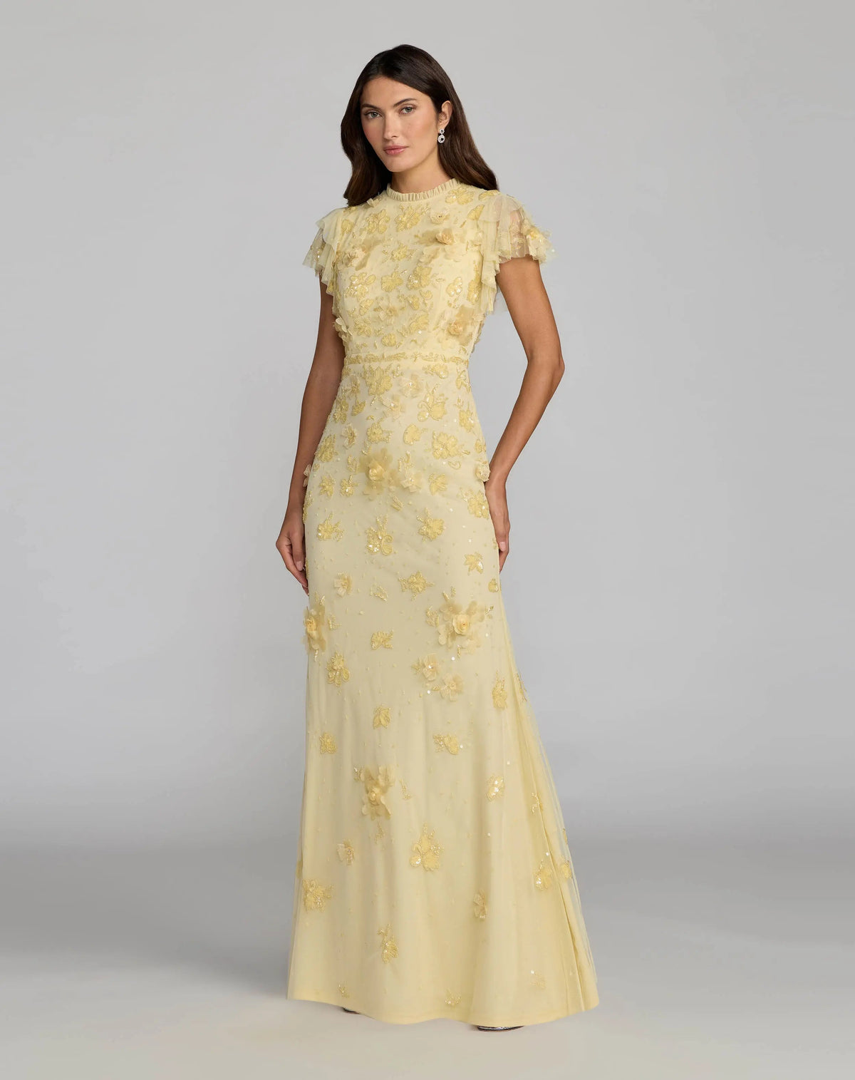 Mac Duggal Yellow Floral Embellished High Neck Flutter Sleeve Gown