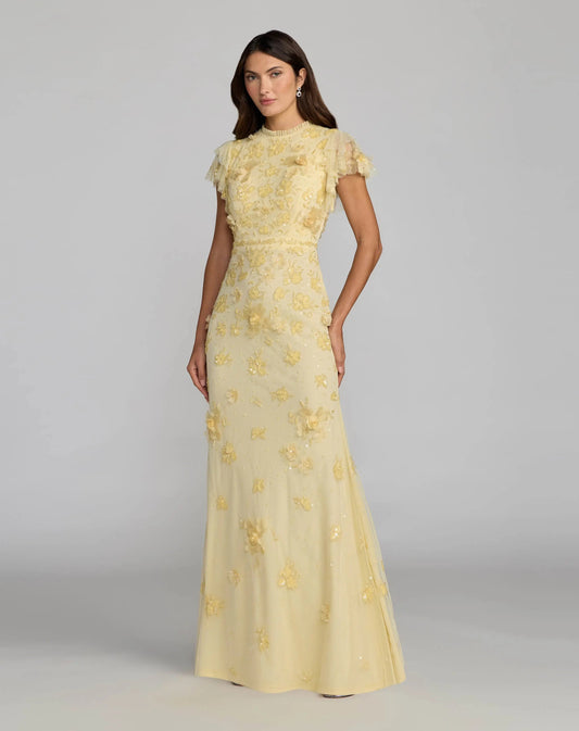 Mac Duggal Yellow Floral Embellished High Neck Flutter Sleeve Gown