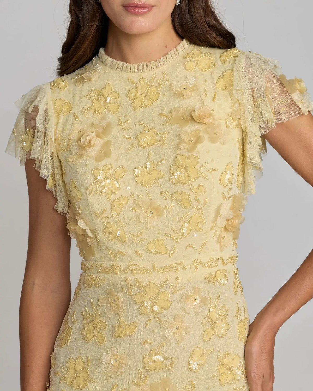 Mac Duggal Yellow Floral Embellished High Neck Flutter Sleeve Gown