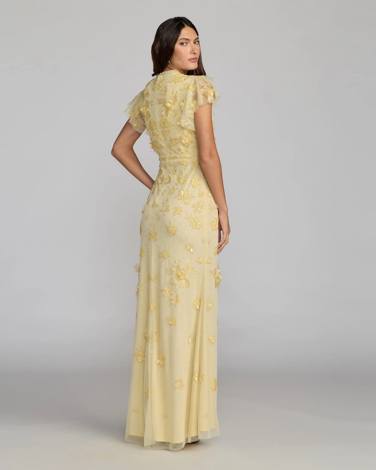 Mac Duggal Yellow Floral Embellished High Neck Flutter Sleeve Gown