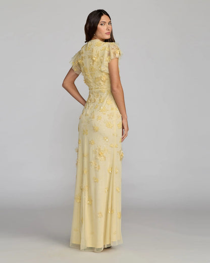 Mac Duggal Yellow Floral Embellished High Neck Flutter Sleeve Gown