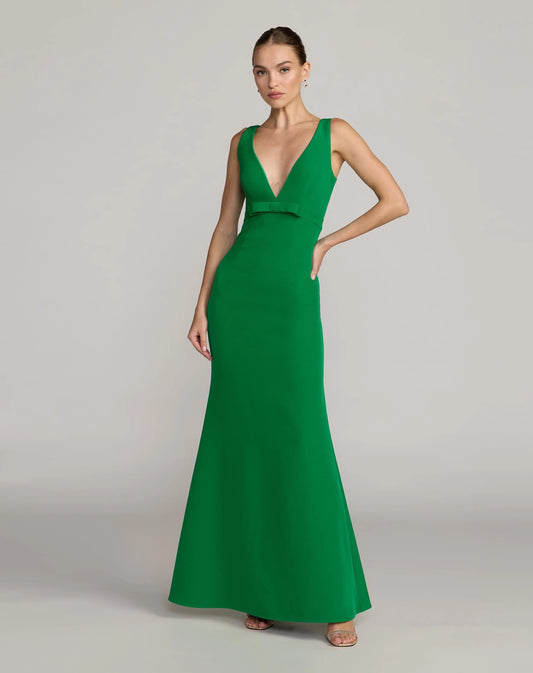 Mac Duggal Green Crepe V-Neck Mermaid Gown With Bow