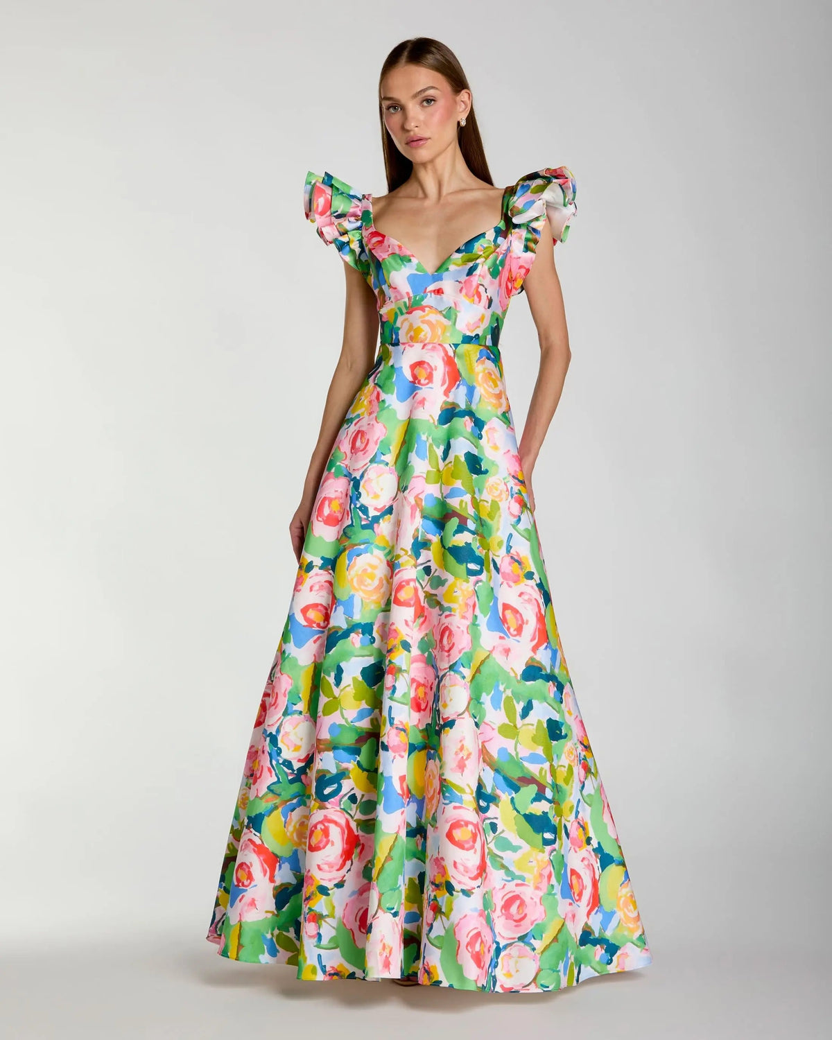 Mac Duggal Multicolor Floral Ruffle Cap Sleeve Ball Gown