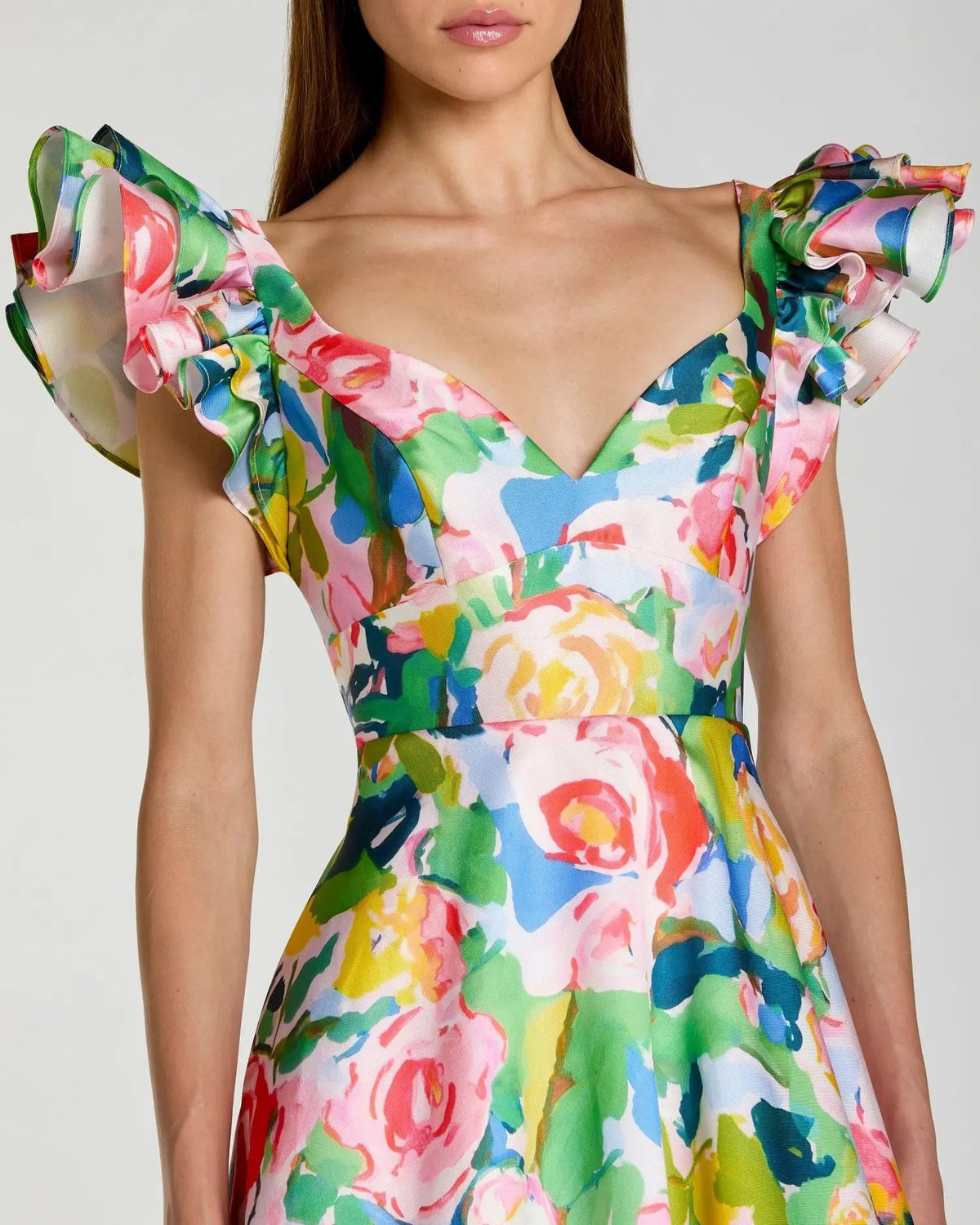 Mac Duggal Multicolor Floral Ruffle Cap Sleeve Ball Gown