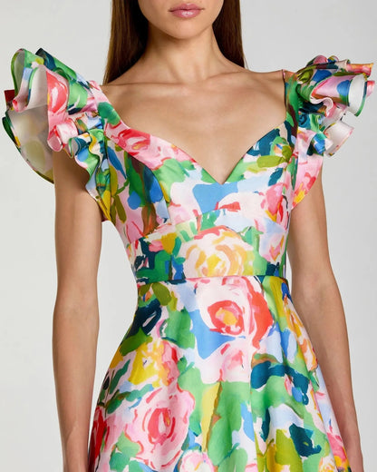 Mac Duggal Multicolor Floral Ruffle Cap Sleeve Ball Gown