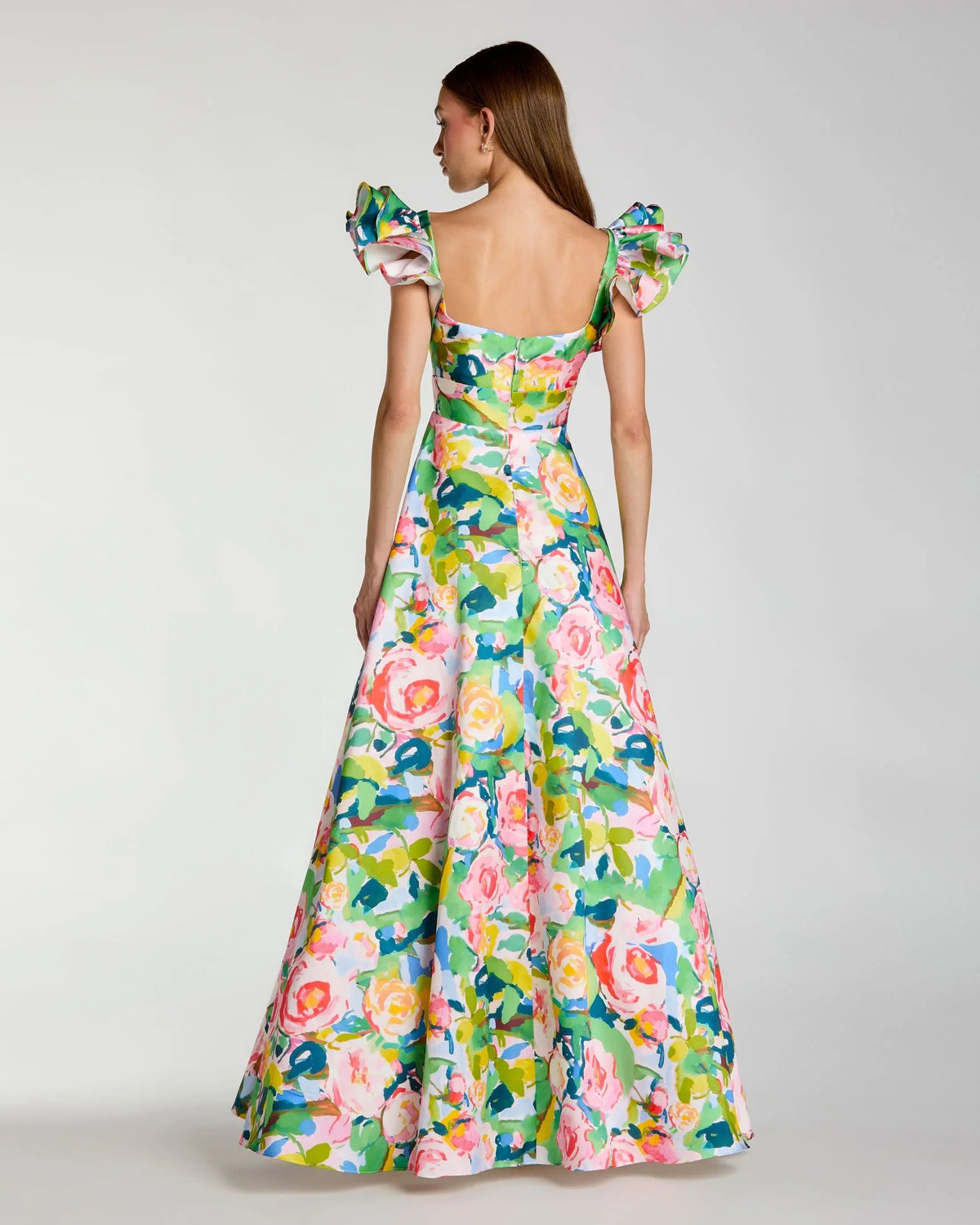 Mac Duggal Multicolor Floral Ruffle Cap Sleeve Ball Gown