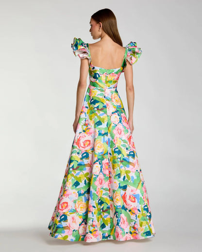 Mac Duggal Multicolor Floral Ruffle Cap Sleeve Ball Gown